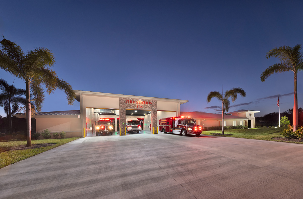 Architectural dusk view of the Fire and Rescue Station 106 Lehigh Acres, FL.